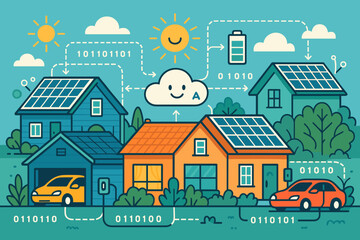 Illustration of smart homes with solar panels and energy sharing