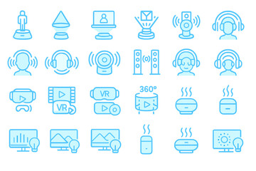 Blue neon icon set of immersive tech including VR, AR, and ambient devices