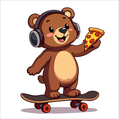 Vector fashion design for children t-shirt. 
Cute fat brown teddy bear on skateboard
with headphones, slice of pizza
isolated on transparent background. 
Cartoon print for fabric, clothing.