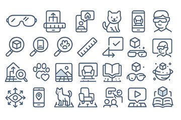 Outlined AR interface icons with pets, glasses, furniture, and education tools