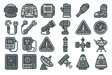 Vector icons of astronaut equipment, space tools, rockets, and satellites