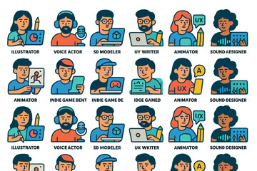 Colorful character icons of creative game development roles