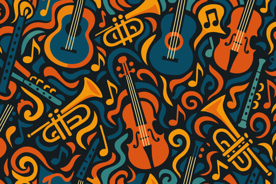 Seamless jazz-themed pattern with instruments and music notes