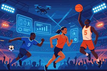Obraz premium Futuristic sports stadium with athletes, drones, and digital data overlays