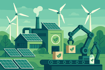 Eco-friendly factory with solar panels and wind turbines