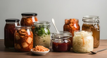 Assortment of fermented foods in glass jars displayed on a wooden surface with a neutral background