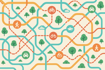 Colorful urban transit map with paths for walking, biking, and EVs