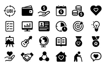 Universal basic income and social wellbeing icon set with finance and care symbols
