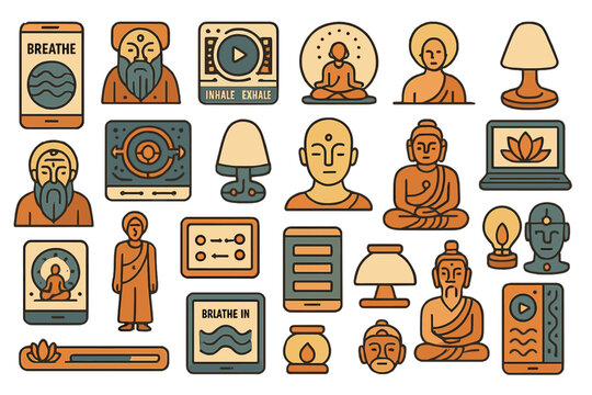 Meditation and mindfulness app icons with ancient and digital themes