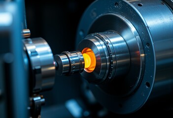Fototapeta premium Close-up of industrial machine with glowing orange component and metallic parts