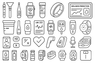 Line icon set of health monitoring devices, wearables, and biometric tools