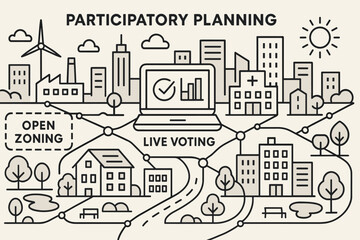 Monochrome smart city illustration showing live voting and open zoning