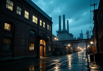 Naklejka premium Atmospheric Evening Cityscape Rain slicked Street Industrial Buildings and Glowing Lights