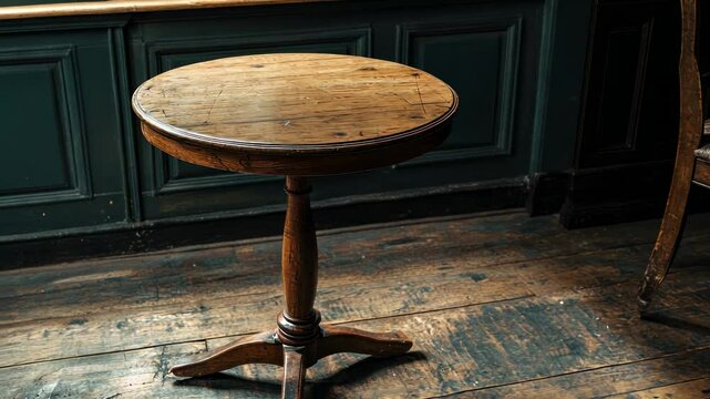Antique wooden round table in dark room