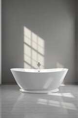 Fototapeta premium Modern Minimalist Freestanding Bathtub in Neutral Bathroom Interior with Sunlight
