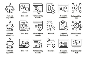 Dark UI icon set for AI ethics tools with labeled modules