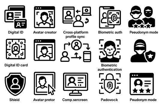 Set of digital ID and security icons with biometric authentication and pseudonym mode.