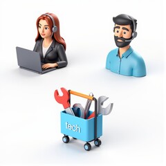 Three distinct 3D tech support icons each featuring a unique character and tools: a woman with a laptop her brow furrowed in concentration; and a man his face etched with determination holding a toolb