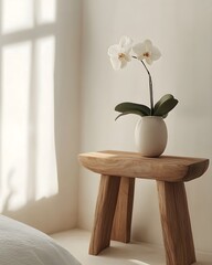 White Orchid in Ceramic Vase on Wooden Stool in Soft Daylight Minimalist Room