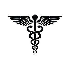 "Black Caduceus Symbol – Medical Emblem with Two Snakes and Wings for Healthcare and Pharmacy"

