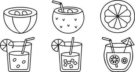 Tropical Drinks Icon Set Vector with Lemonade Coconut Smoothie Glasses for Summer and Food Apps