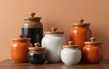 stylish stack of modern ceramic jars with wooden lids in orange, black, white, and terracotta colors, arranged in pairs against a soft peach.