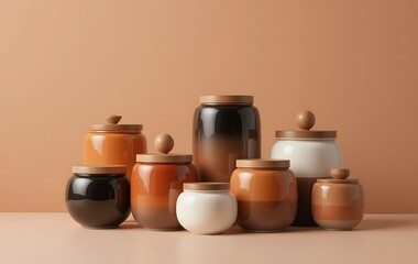 stylish stack of modern ceramic jars with wooden lids in orange, black, white, and terracotta colors, arranged in pairs against a soft peach.