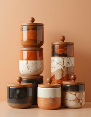 stylish stack of modern ceramic jars with wooden lids in orange, black, white, and terracotta colors, arranged in pairs against a soft peach.