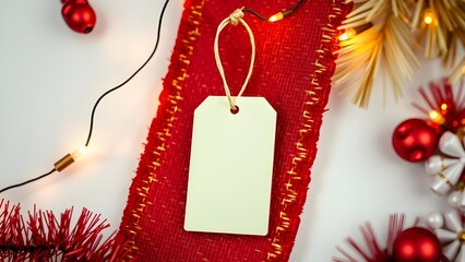 Soft cream hang tag looped onto red-and-gold woven textile, accompanied by warm string lights and festive tinsel