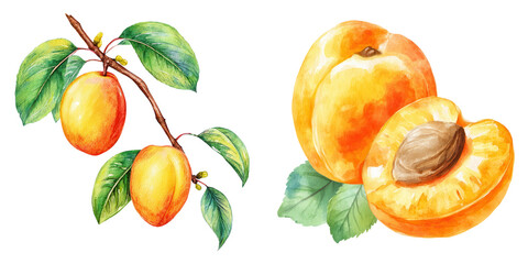 Apricot fruit with green leaves and branch, fresh ripe apricot with stone fruit