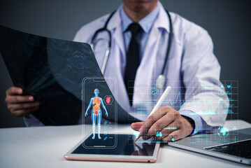 doctor using tablet with medical HUD display, telemedicine and AI diagnostics.Healthcare technology concept with physician analyzing patient data smart device with augmented reality overlay.