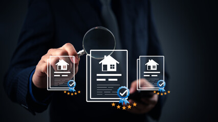Man use magnifying glass real estate documents house icons and quality certification seals....