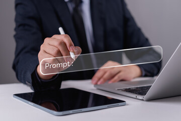 Corporate professional crafting AI prompt on digital device, perfect for innovation, future tech, and artificial intelligence training language model, and smart assistant.