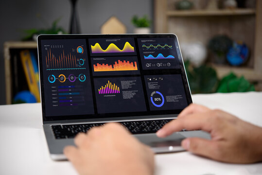 Business dashboard Data analysis on a laptop with charts and graphs. strategic business intelligence, and financial marketing report KPI monitoring, and insights.