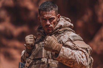 Obraz premium Tough Soldier Ready for Combat in Desert Environment