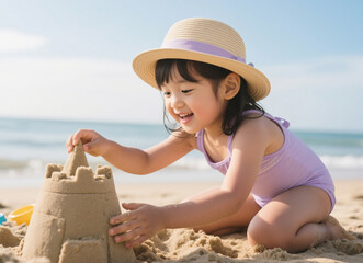 해변에서 즐거운 시간을 보내는 모자, Mother and Child Enjoying Beach Time