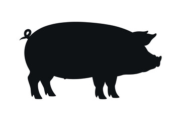 Black Silhouette of a Pig Standing on White Background Farm Animal Livestock Pork Meat Production Vector Illustration