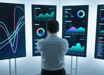 금융 데이터 분석하는 한국 사업가, Korean Businessman Analyzing Financial Data
