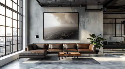 A modern living room features a brown leather sectional sofa, a wooden coffee table, and a large window with a city view, creating an elegant and comfortable space