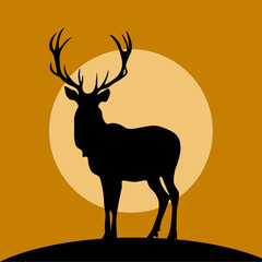 Silhouette of a deer standing on a mountain at sunset. Vector illustration ideal for nature-themed designs, advertising, posters, hunting graphics and wildlife illustrations
