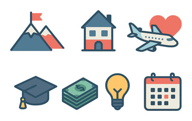 Vision board flat icons set – dream, goals, motivation symbols for planning