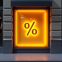 A 3D storefront window illuminated by a soft yellow glow features a prominent percent symbol inviting customers to enter a world of flash sales and online discounts