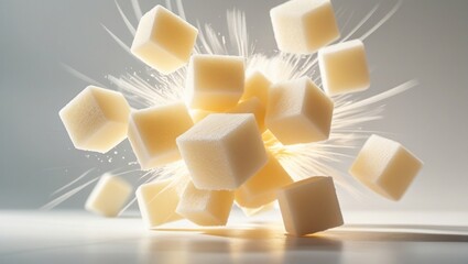 Motion-blur of creamy sugar cubes mid-air, explosive energy and texture caught in sweet flying frozen moment