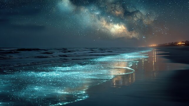 Bioluminescent algae glowing in night waves, starry sky above dark coastline, magical seascape for sci-fi movie concepts, environmental apps, and dream vacation posters.