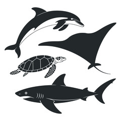 Black and White Silhouette Illustration of Marine Animals Including a Dolphin Shark Turtle and Manta Ray on a White Background for Graphic Design