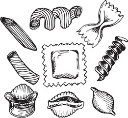 Hand-Drawn Variety of Pasta Types