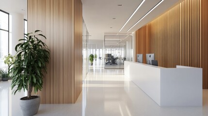 Obraz premium Modern Office Reception White Minimalist Desk, Wooden Walls, Glass Partitions, Plants, Office Interior Design Office Design, Modern Interior