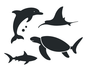 Monochrome Silhouette Illustration Featuring a Dolphin a Manta Ray a Sea Turtle and a Shark Against a White Background Marine Life Concept