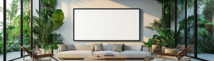 Modern Tropical Living Room with Blank Square Canvas Mockup, Artwork, Interior Design Tropical Interior, Canvas Mockup