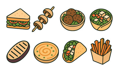 Vegetarian street food icons set – flat, plant-based snack and meal symbols
